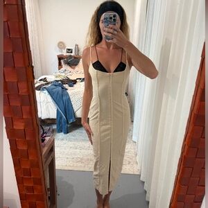 Zara hook and clasp Cream Midi Dress with Black Straps and frayed detailing.